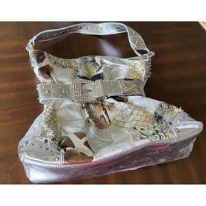 GG...ing Y2K Hobo Bag Patchwork Metallic Snakeskin Studded Silver Large Boho